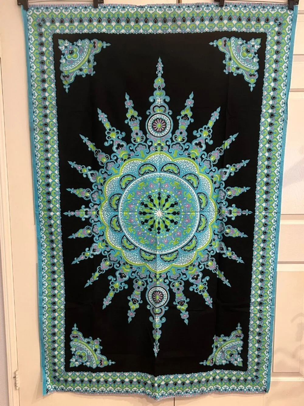 Blue Green and Black Mandala Cotton Fabric Panel Wrap Swim Coverup Rough Edge